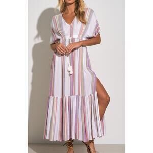 Elan Arabella Short Sleeve V Neck Striped Maxi Dress White Pink Small